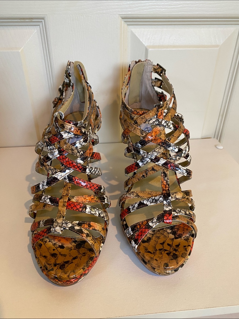 Hot in Hollywood Multicolor Snake-Print Strappy Heels